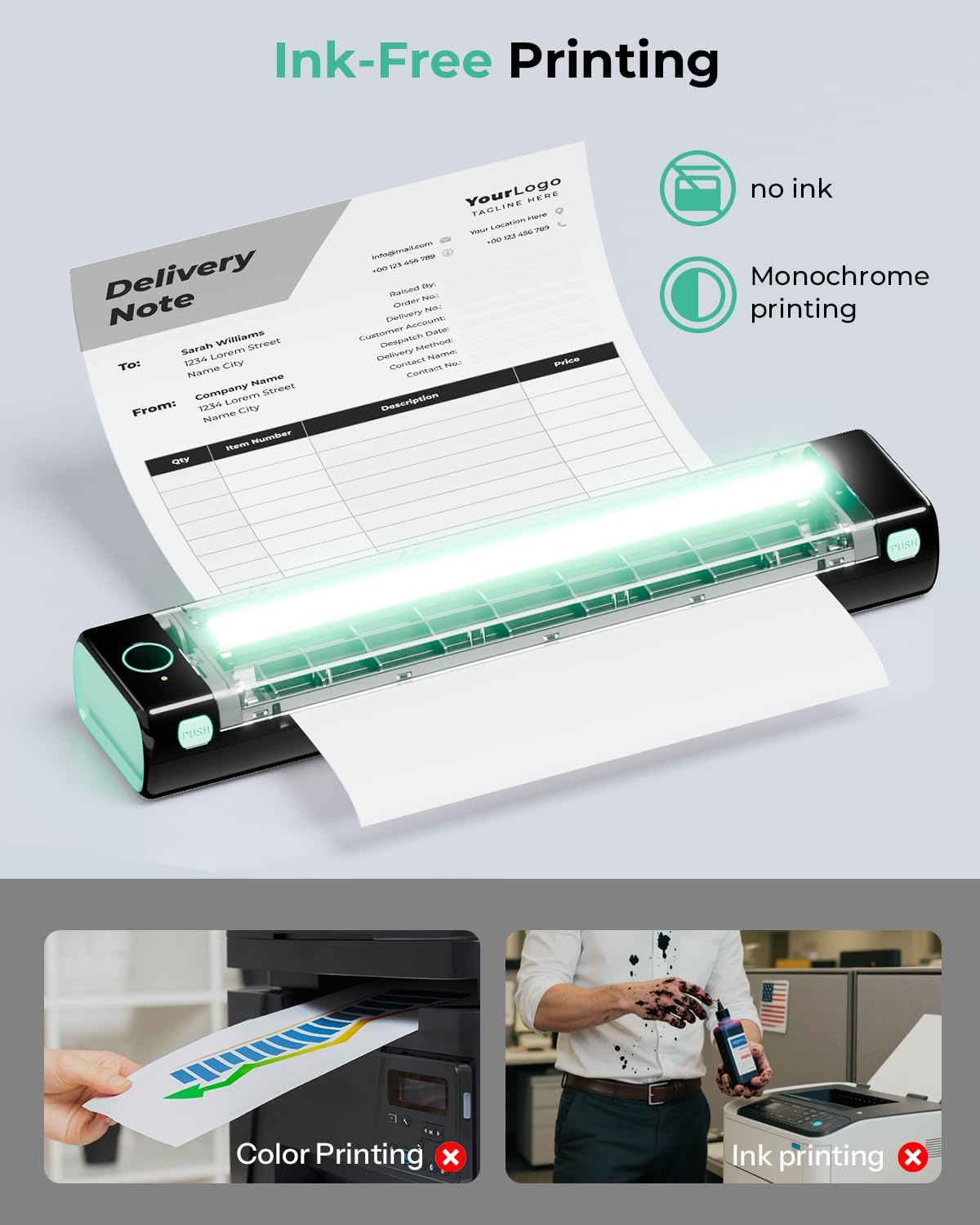 Impresoras portátiles inalámbricas para viajes, impresora térmica Bluetooth compatible con papel tamaño carta estadounidense de 8.5" x 11", impresora pequeña sin tinta compatible