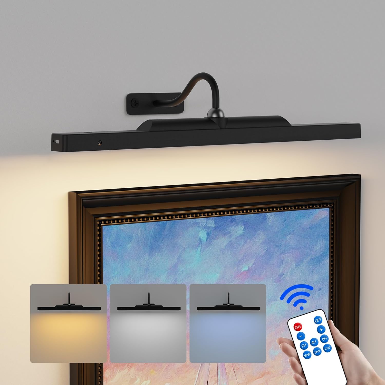 Aplique de pared inalámbrico regulable para cuadros, modelo 16n, con batería recargable de 5000 mAh, luz para obras de arte, CRI 95+, 350 lúmenes, ideal para galerías de arte.